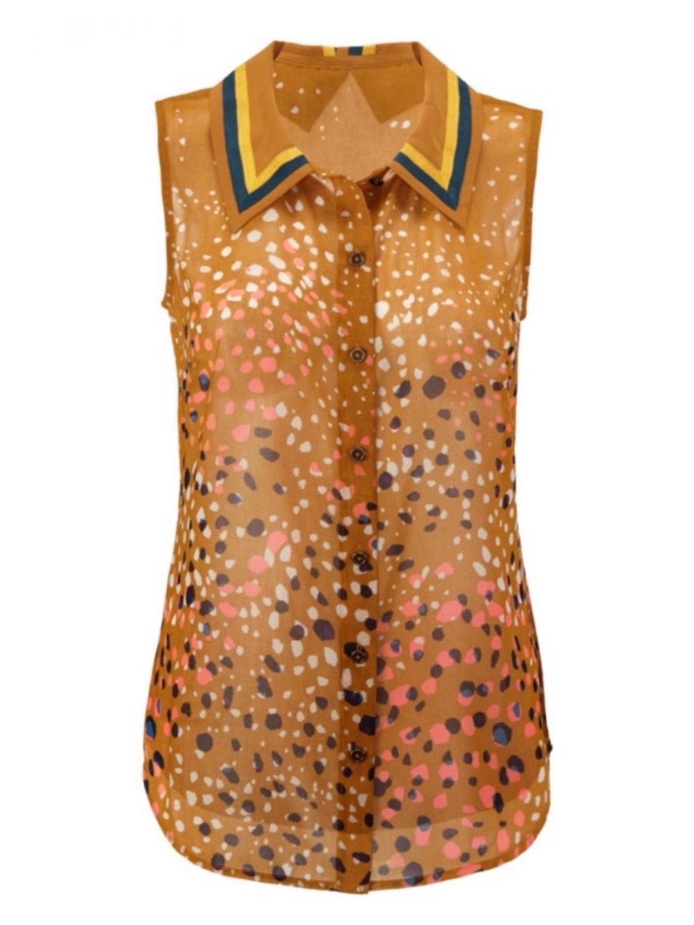 Cabi Cheers Sleeveless Blouse w Colorful Confetti Print & Ribbon Trimmed Collar